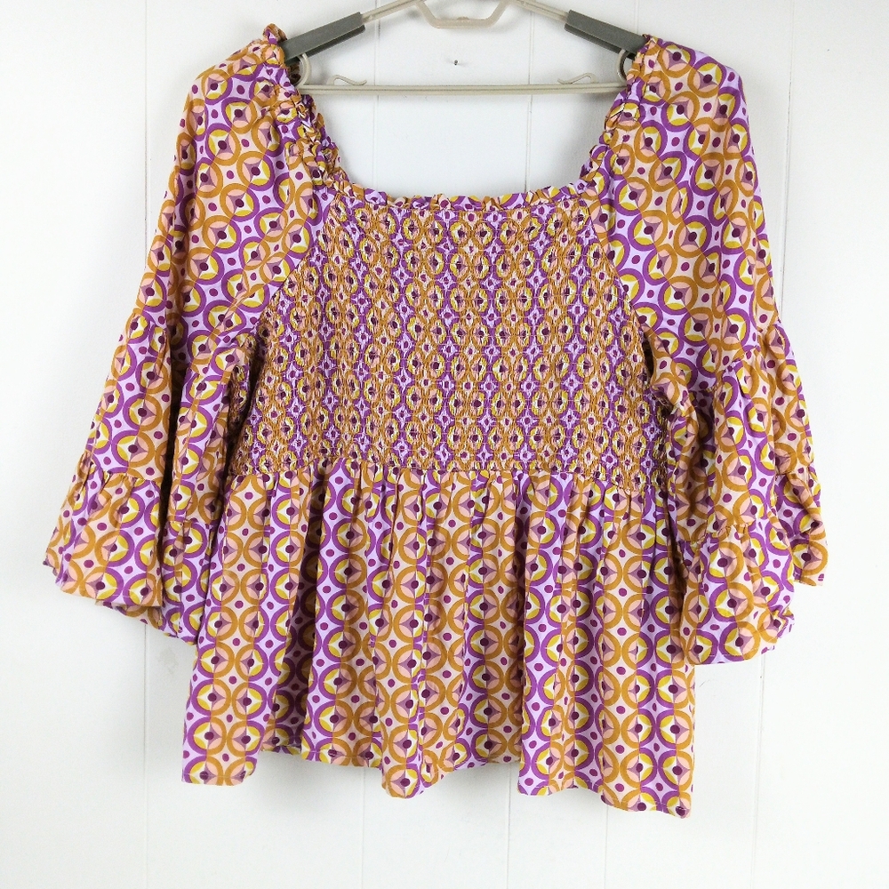 Terra & Sky Smocked Tiered Peplum Top Size 2X Bell Sleeves Multi Color Popover